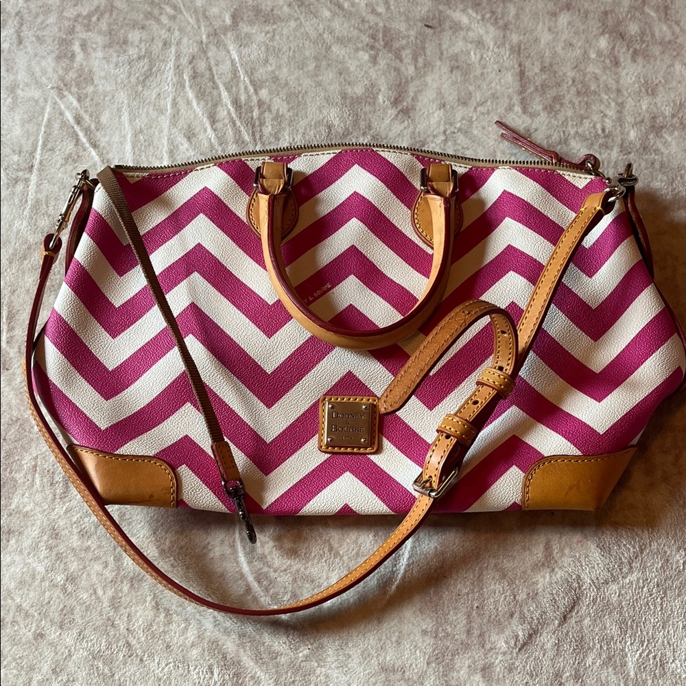 Dooney & Bourke Pink and White Chevron Satchel - Picture 2 of 5